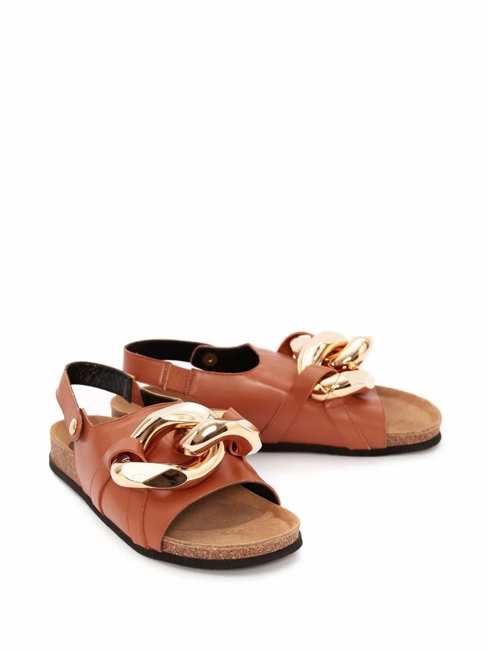 Jw Anderson Women 38/8 Brown Leather Open Toe Slingback Chain Flat Sandals Nwob